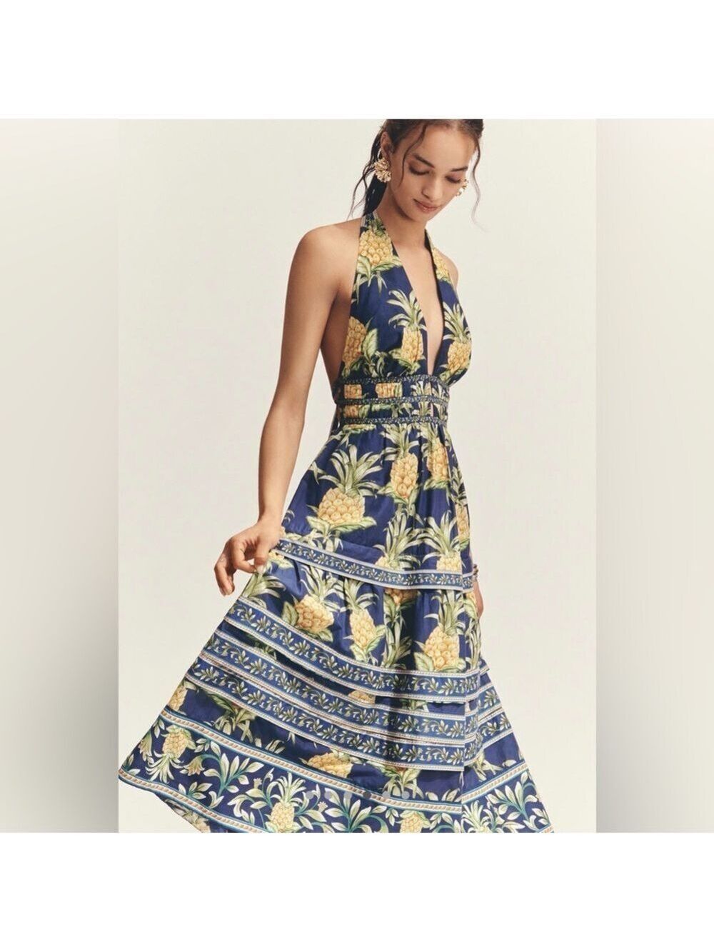 FARM Rio Navy Blue Pineapple Halter Midi Dress